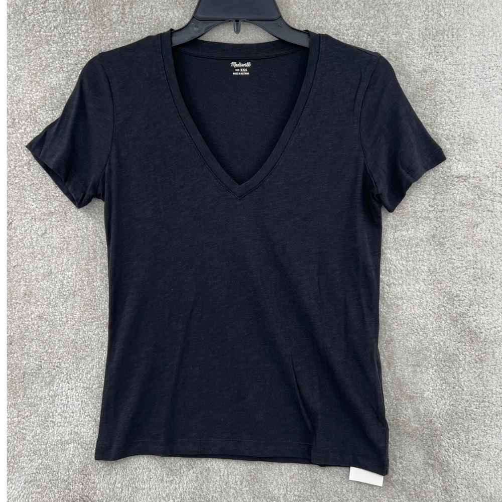 Madewell Whisper‎ Cotton V-Neck Tee Womens XXS Black Short Sleeve Slub Knit NWT